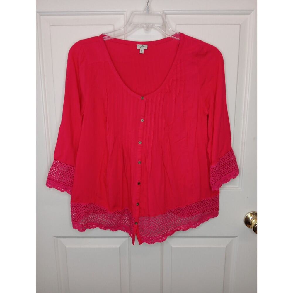 Chip & Pepper Women's Crochet Trimmed Button Up Blouse Medium Red Boho Hippie
